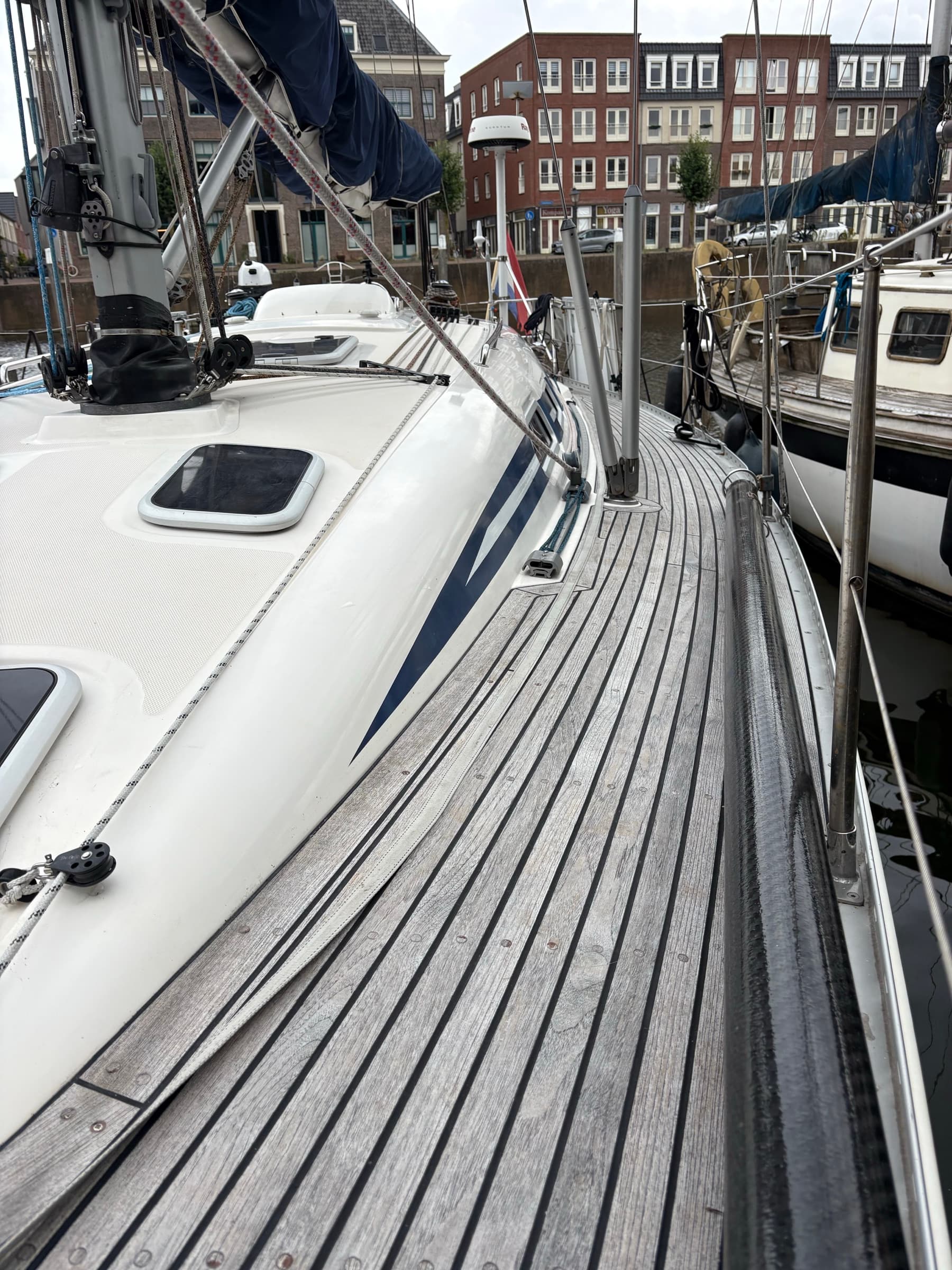 Teak side deck on the port side